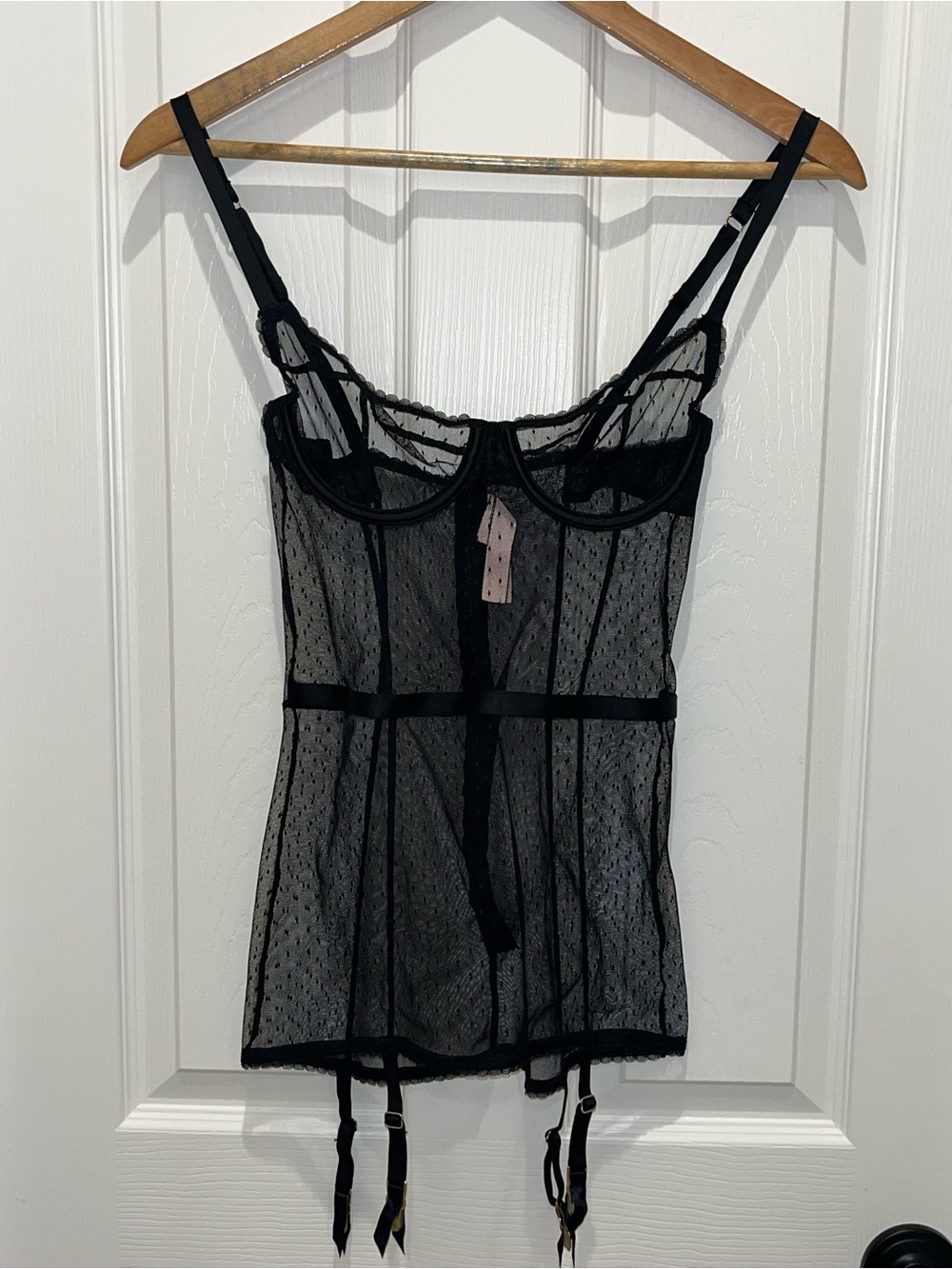 Victoria's Secret Black Sheer Lace Bustier Chemise with Garter Straps
